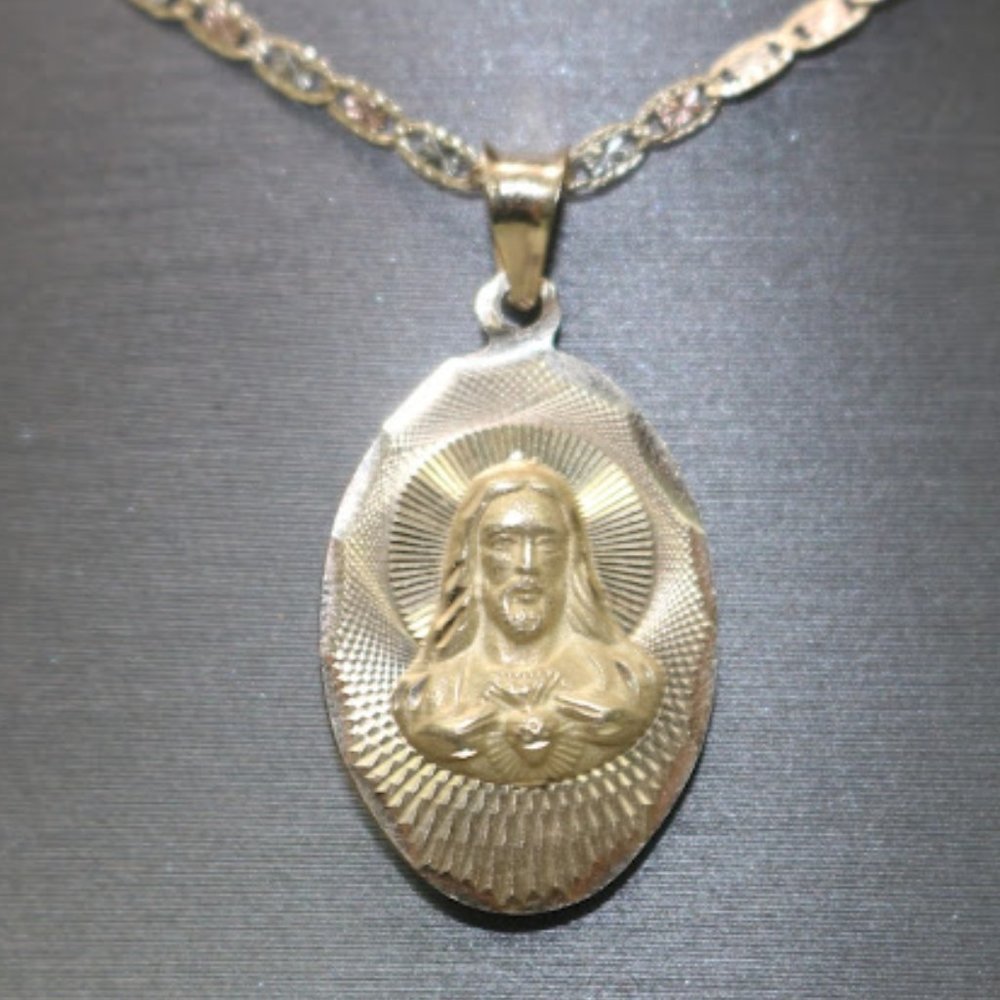 14kt tri-tone two-sided Jesus Virgin Mary Pendant with 14kt Tri-tone Trace Chain